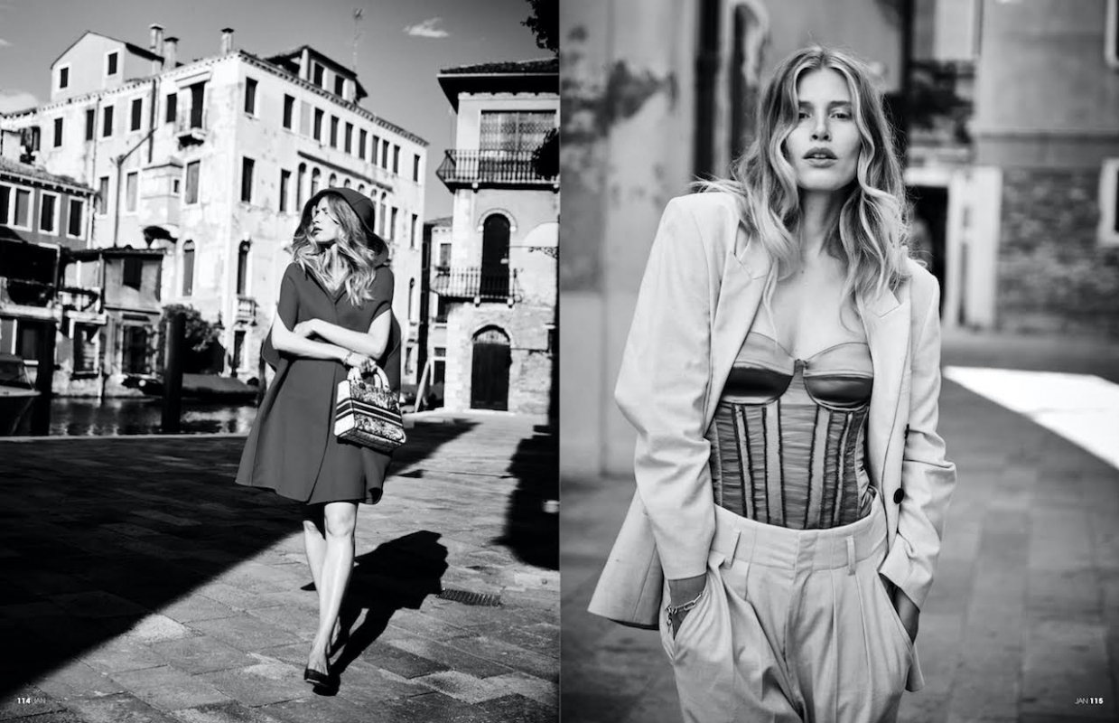 Smiley Annemara Post dances through Venetia for Jan Magazine, Photographer Eric van den Elsen, Stylist Linda Gumus Gerritsen, Hair and make-up Evelyn Dupuy Ferrer 