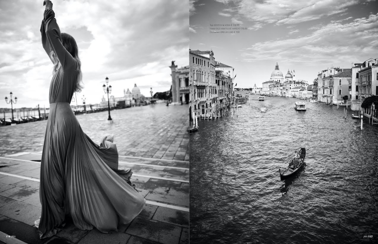 Smiley Annemara Post dances through Venetia for Jan Magazine, Photographer Eric van den Elsen, Stylist Linda Gumus Gerritsen, Hair and make-up Evelyn Dupuy Ferrer 